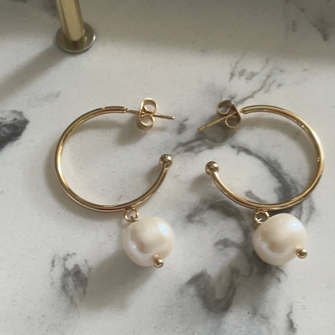 Brand New 14kt Gold Plated Brass Medium Sized Hoop Earrings with Freshwater Pearl Dangle