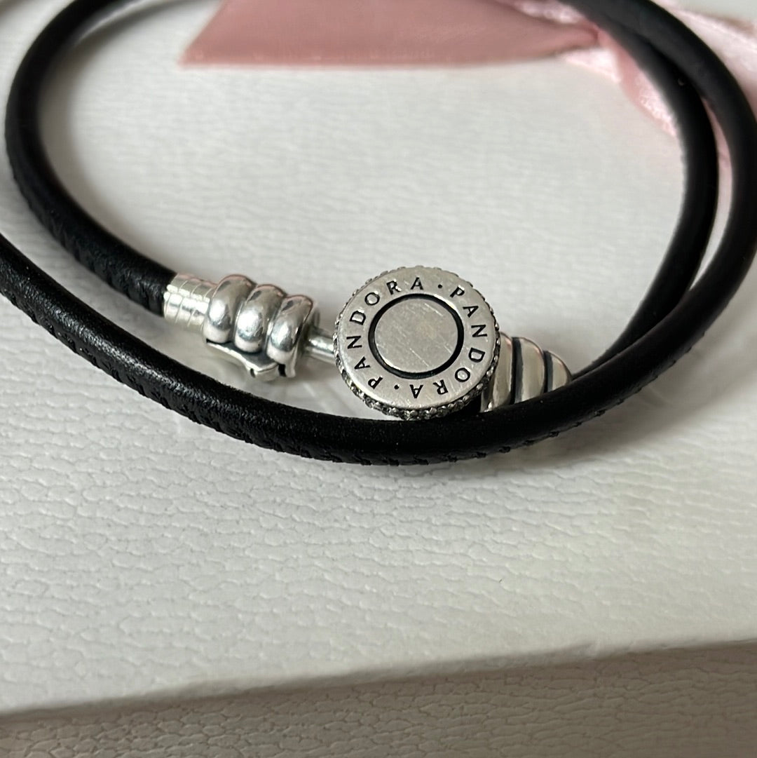Genuine Pandora Black Double Wrap Leather Bracelet New Style Pave Hook and Loop Style