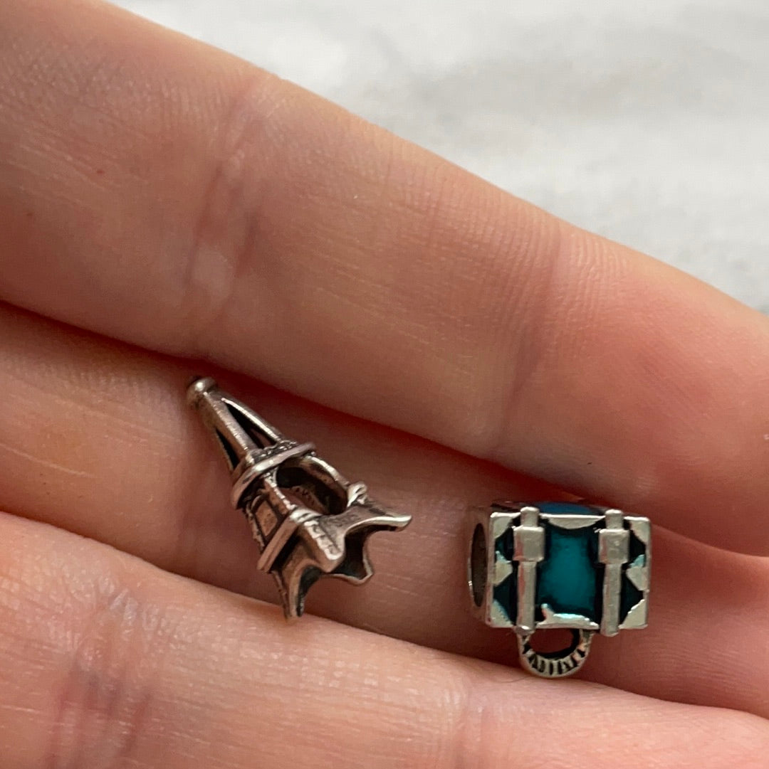 Unbranded Sterling Silver Travel Charms Eiffel Tower Paris France and Blue Enamel Suitcase