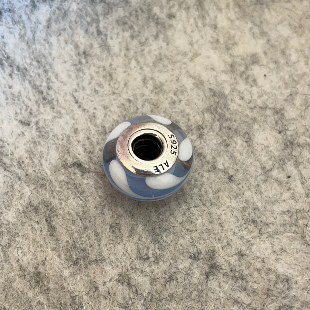Genuine Pandora Baby Blue Glass Murano Charm With White Paint Swirl