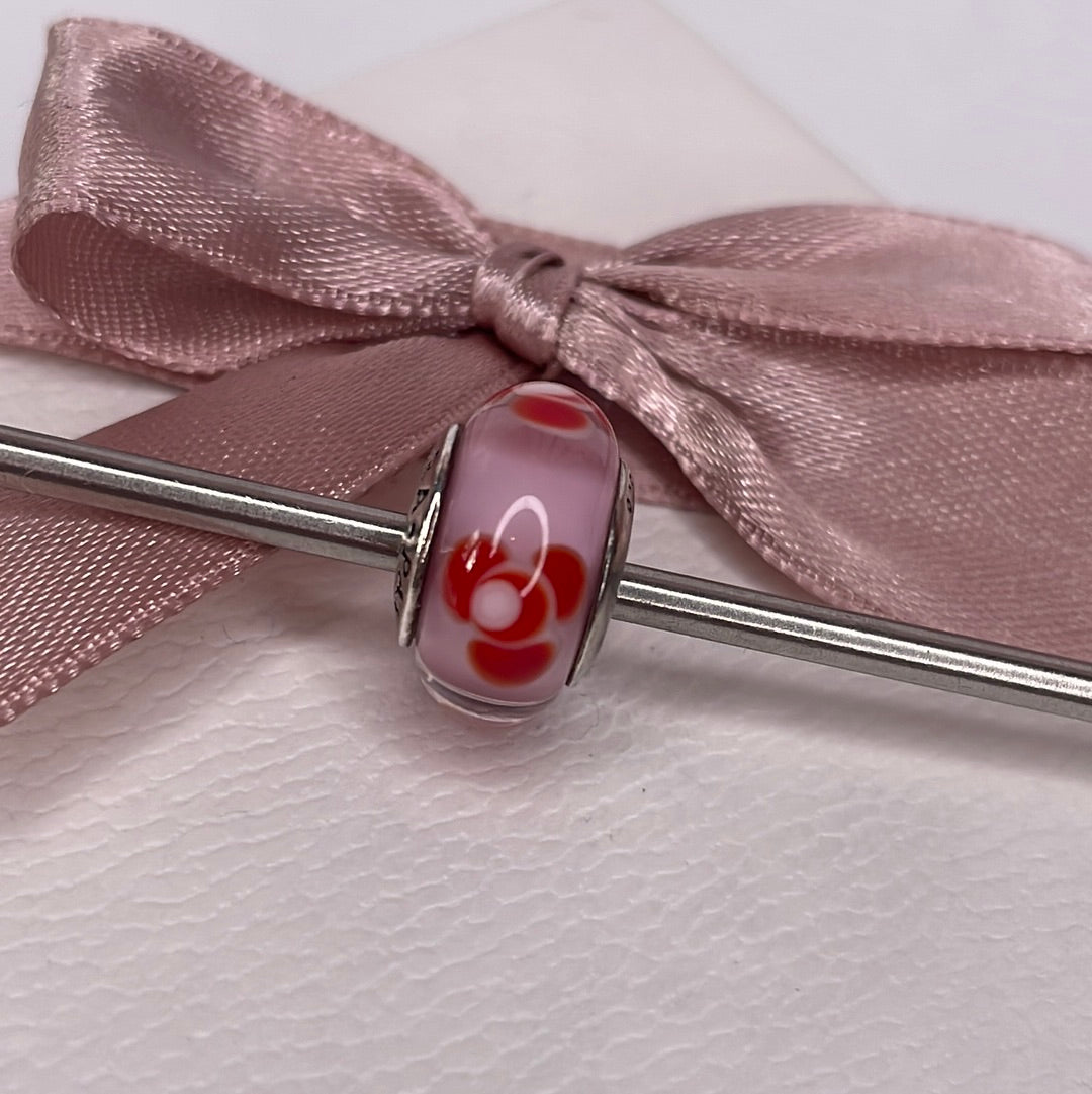 Genuine Pandora Pink Glass Murano Charm With Red Flowers