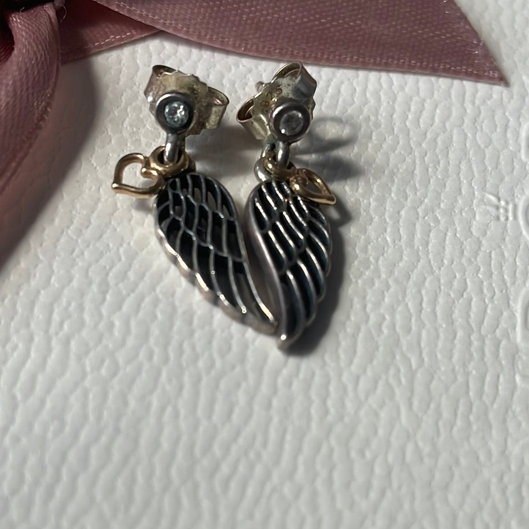 Genuine Pandora Angel Wing Feather Two Tone Earrings