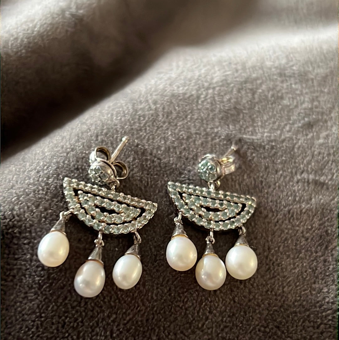 Sterling Silver Pave Abstract Pearl Dangle Earrings