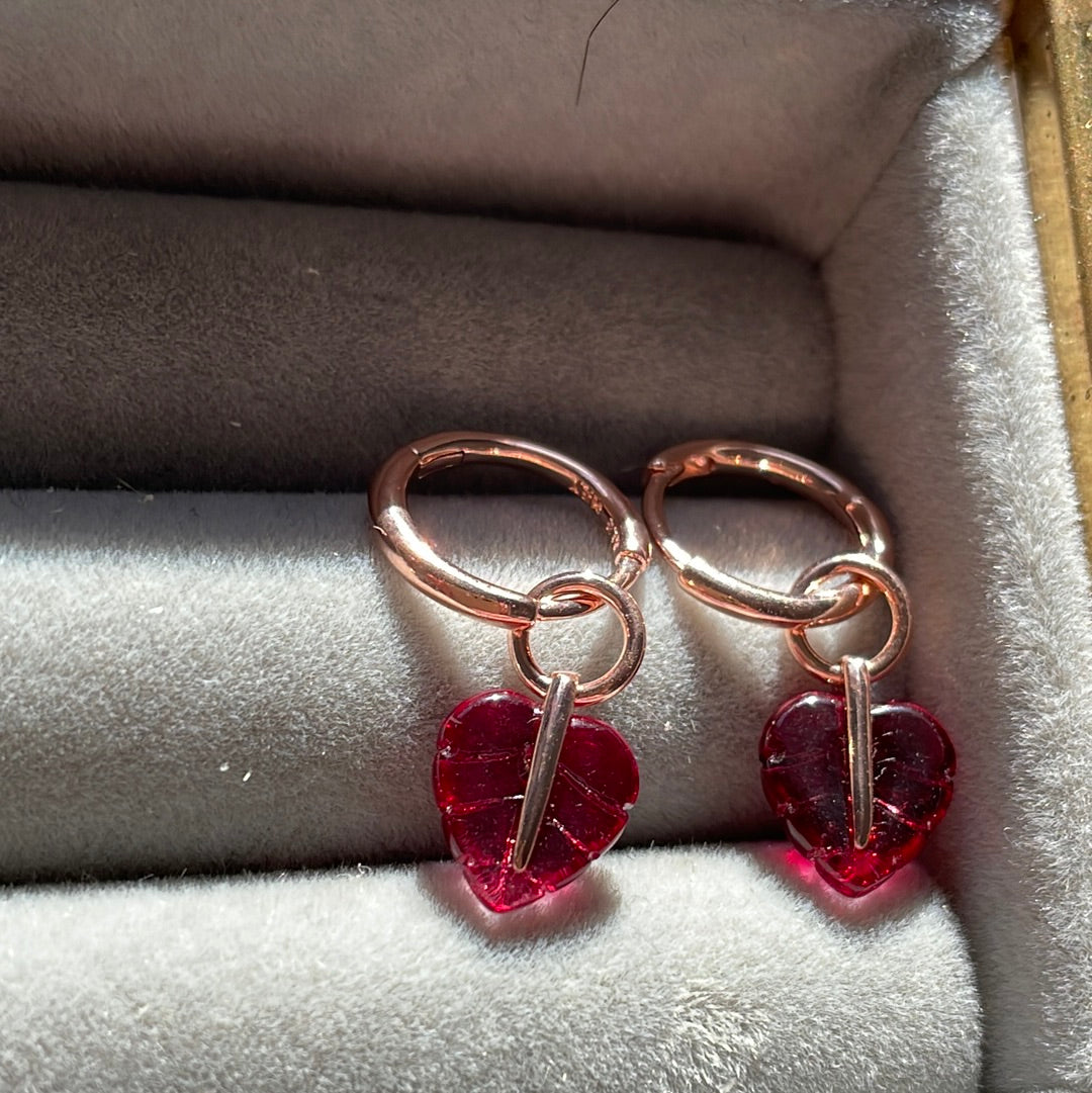 Genuine Pandora Rose Gold Hoop Dangle Earrings With Pink Murano Glass Leaves