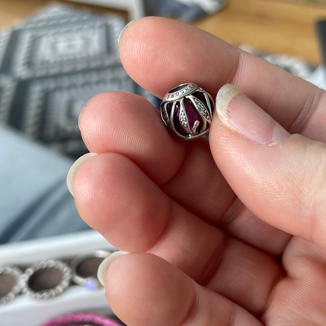 Genuine Pandora Purple Faceted Murano Encased in Nature Leaf Pave Leaves Glass Silver Charm