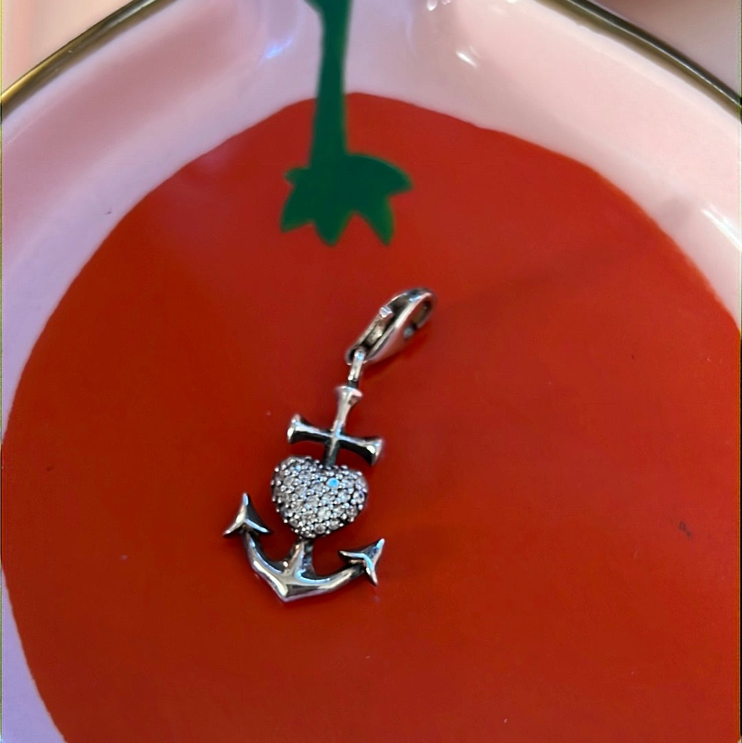 Genuine Thomas Sabo Sterling Silver Dangle Clip Anchor and Pave Heart Charm