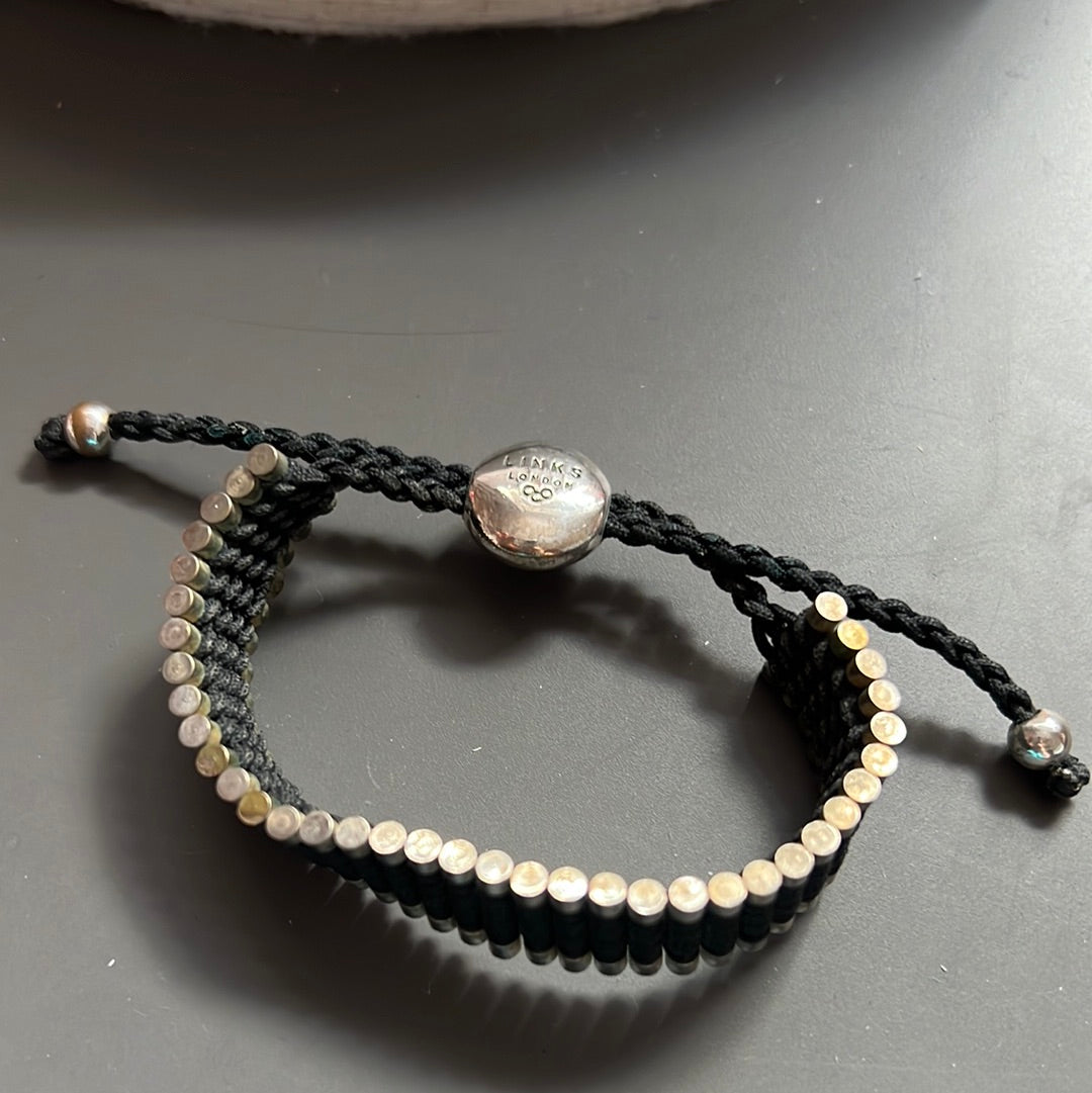 Genuine Links of London Sterling Silver Black Bracelet Cord Friendship Bar