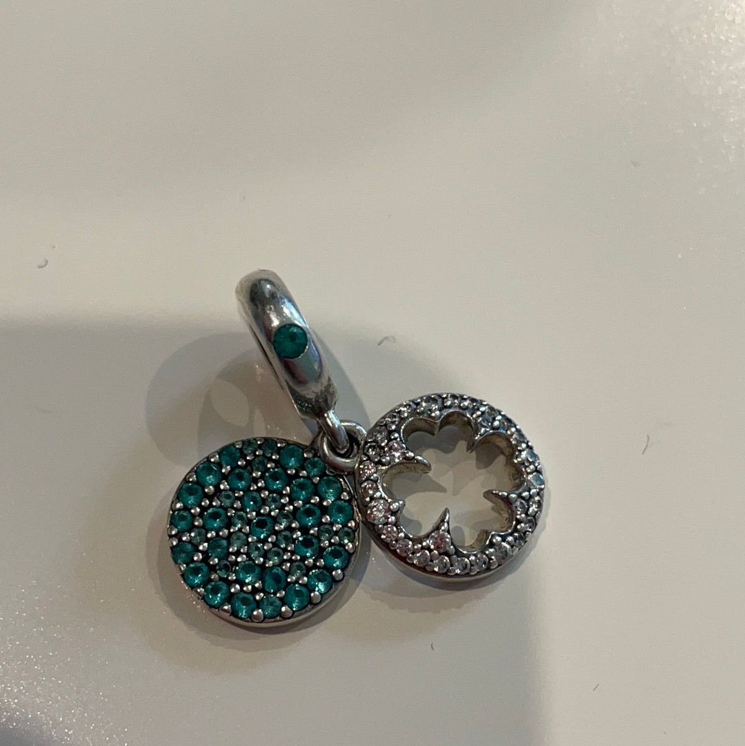 Genuine Pandora Lucky Clover Pave Dangle Charm Green Stones