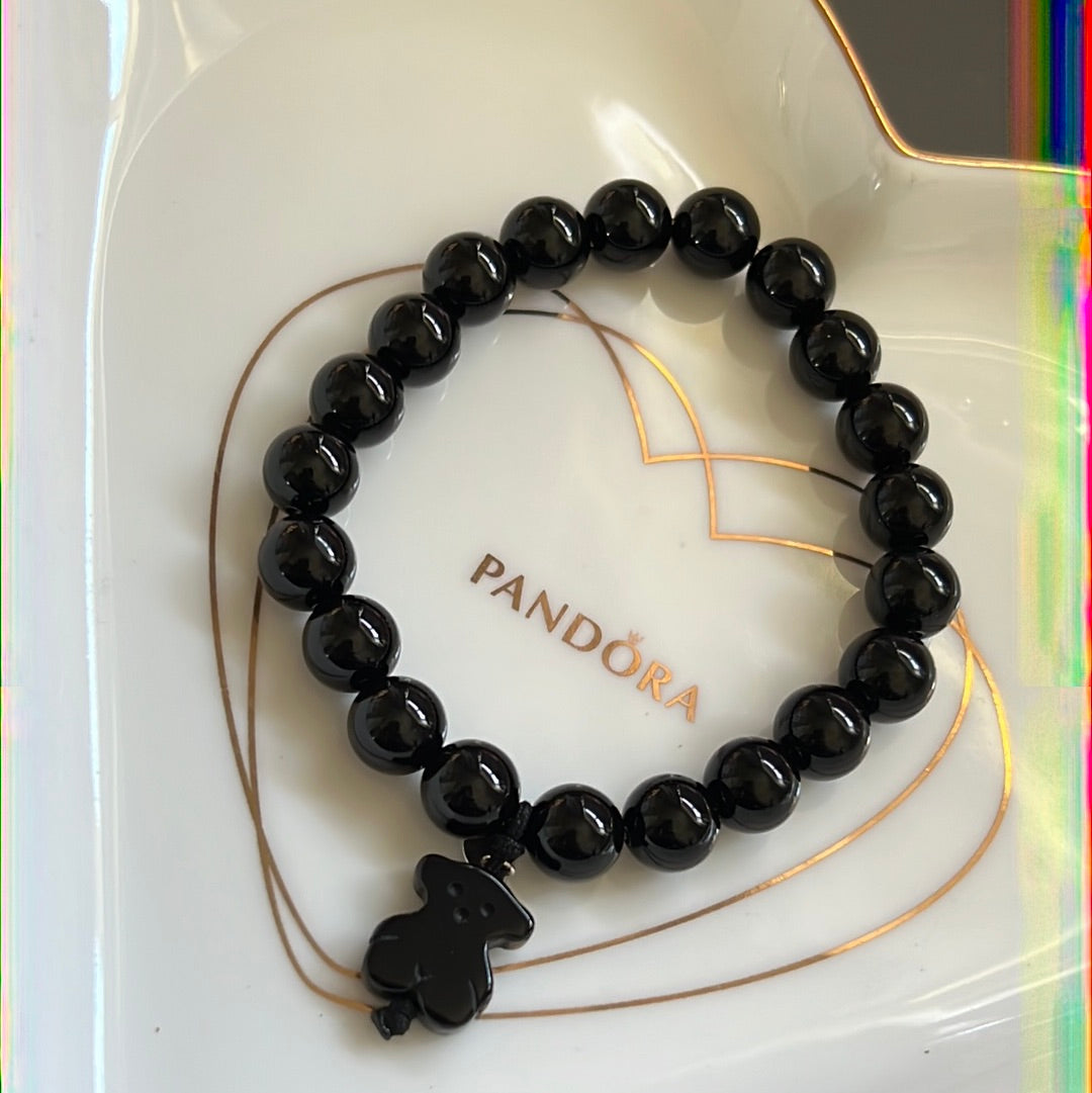 Genuine TOUS Onyx Beaded Bracelet with Black Bear Dangle Medium