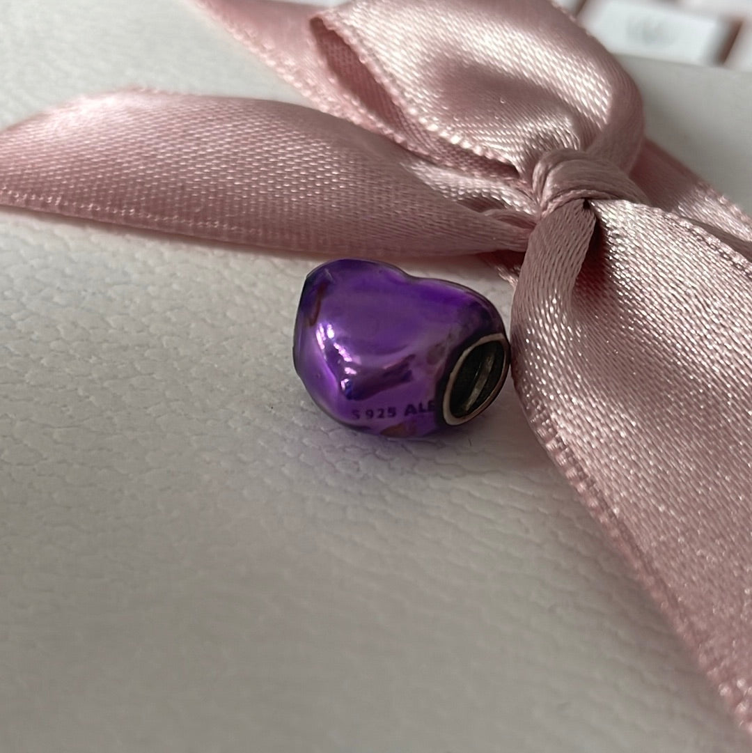 Genuine Pandora Purple Shiny Enamel Heart Charm with Slight Sparkle