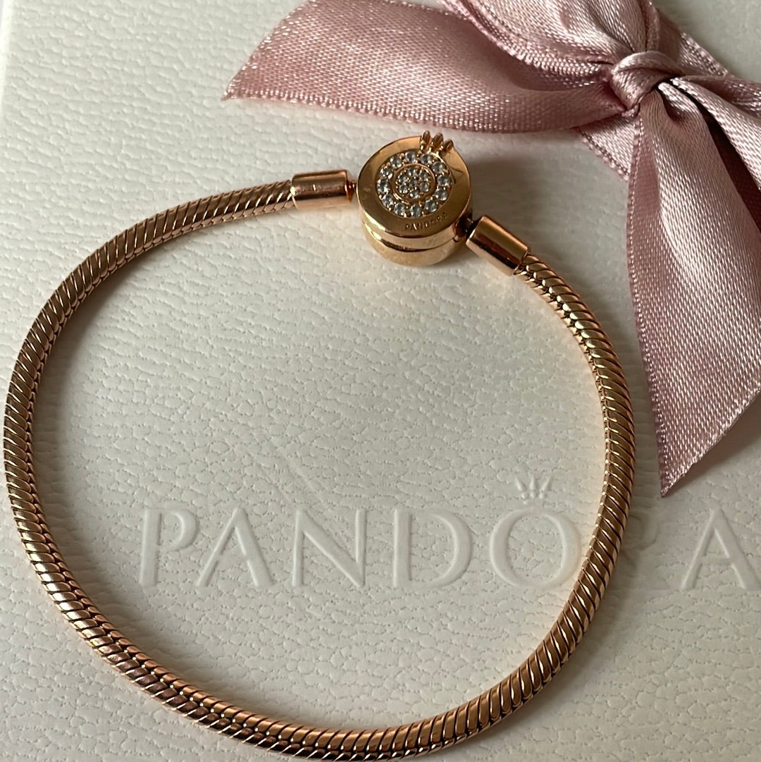 Genuine Pandora Moments Rose Gold Bracelet 17cm Crown Pave Clasp