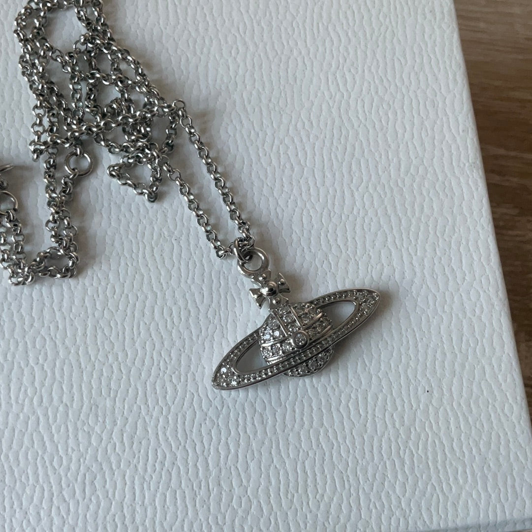 Genuine Vivienne Westwood Orb Pave Relief Silver Necklace 50cm Drop