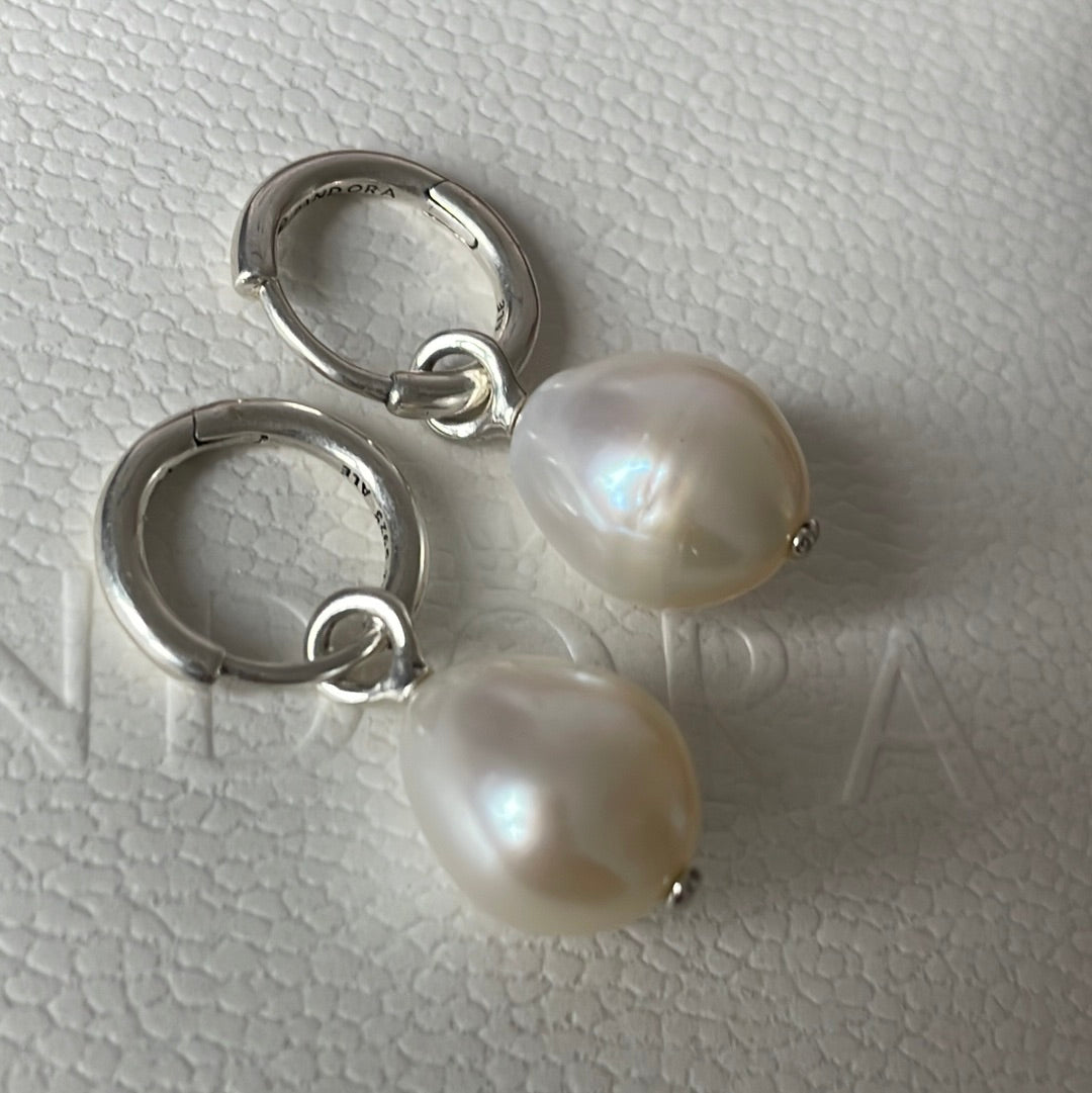 Genuine Pandora Fresh Water Pearl Dangle Hoop Earrings