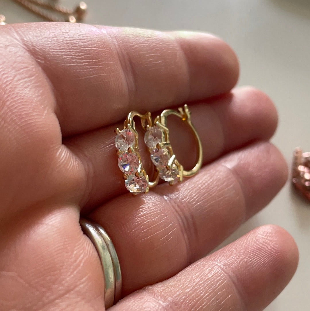 Brand New Gold Plated Sterling Silver Little Hoop/Sleeper Earrings WIth 3 Stone Detail