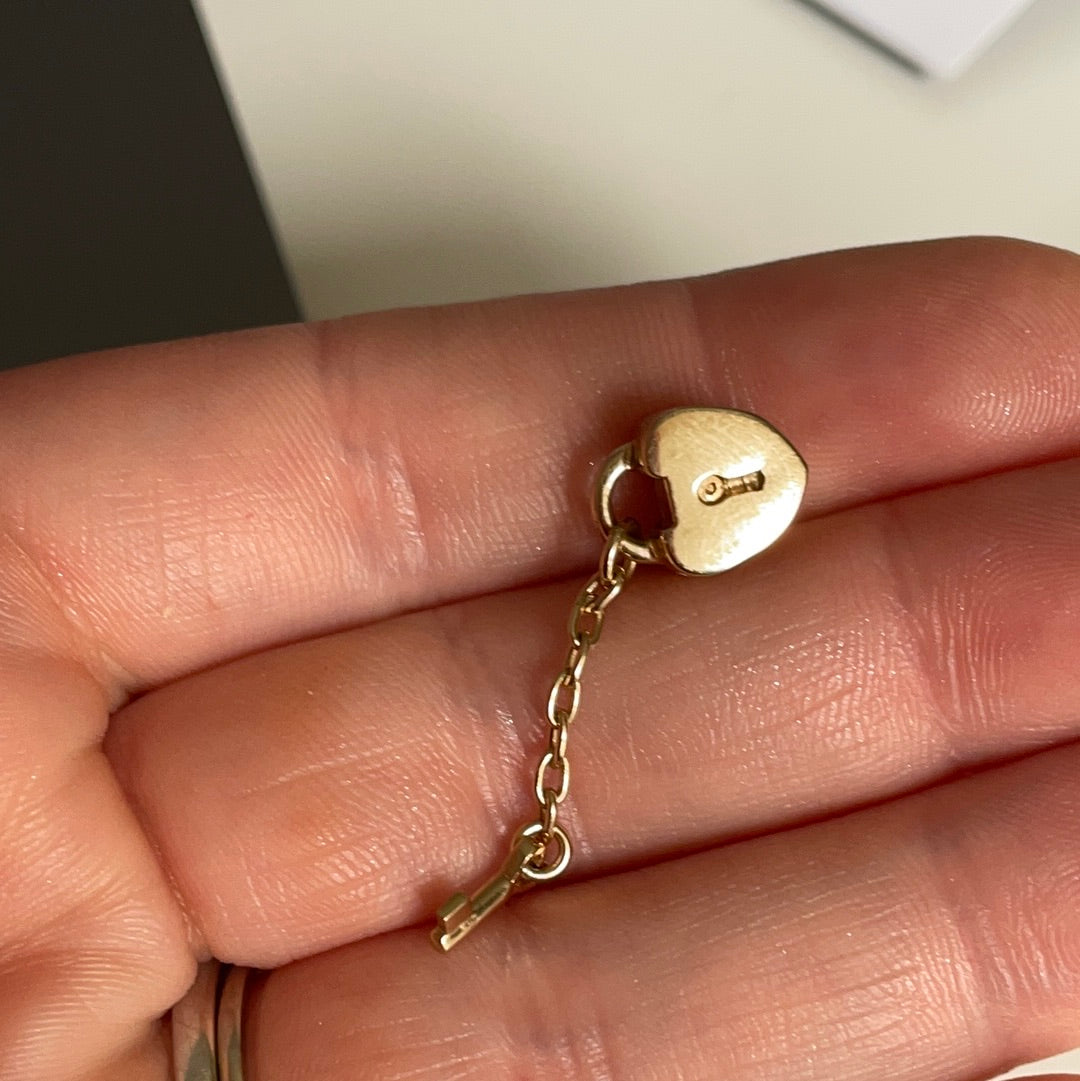 Genuine Pandora Solid 14ct Gold Follow Your Heart Padlock and Key Dangle Charm HTF