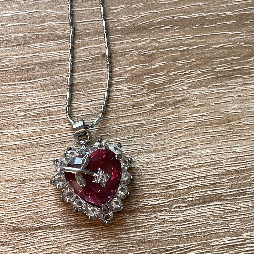 Unbranded Sterling Silver Necklace With CZ Cushioned Large Red Heart Shaped Stone Necklace With Pave Rose