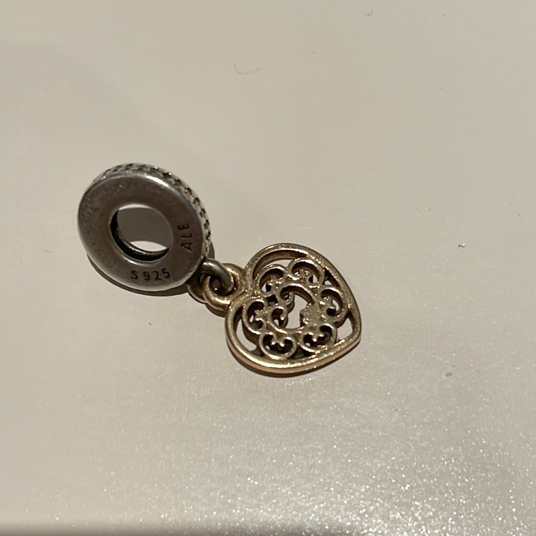 Genuine Pandora Two Tone 14k 2015 Magnificent Heart Dangle Lace Filigree Charm RARE and HTF
