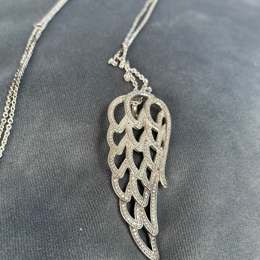 Genuine Pandora Pave Dangling Feather Angel Wing Pendant Necklace