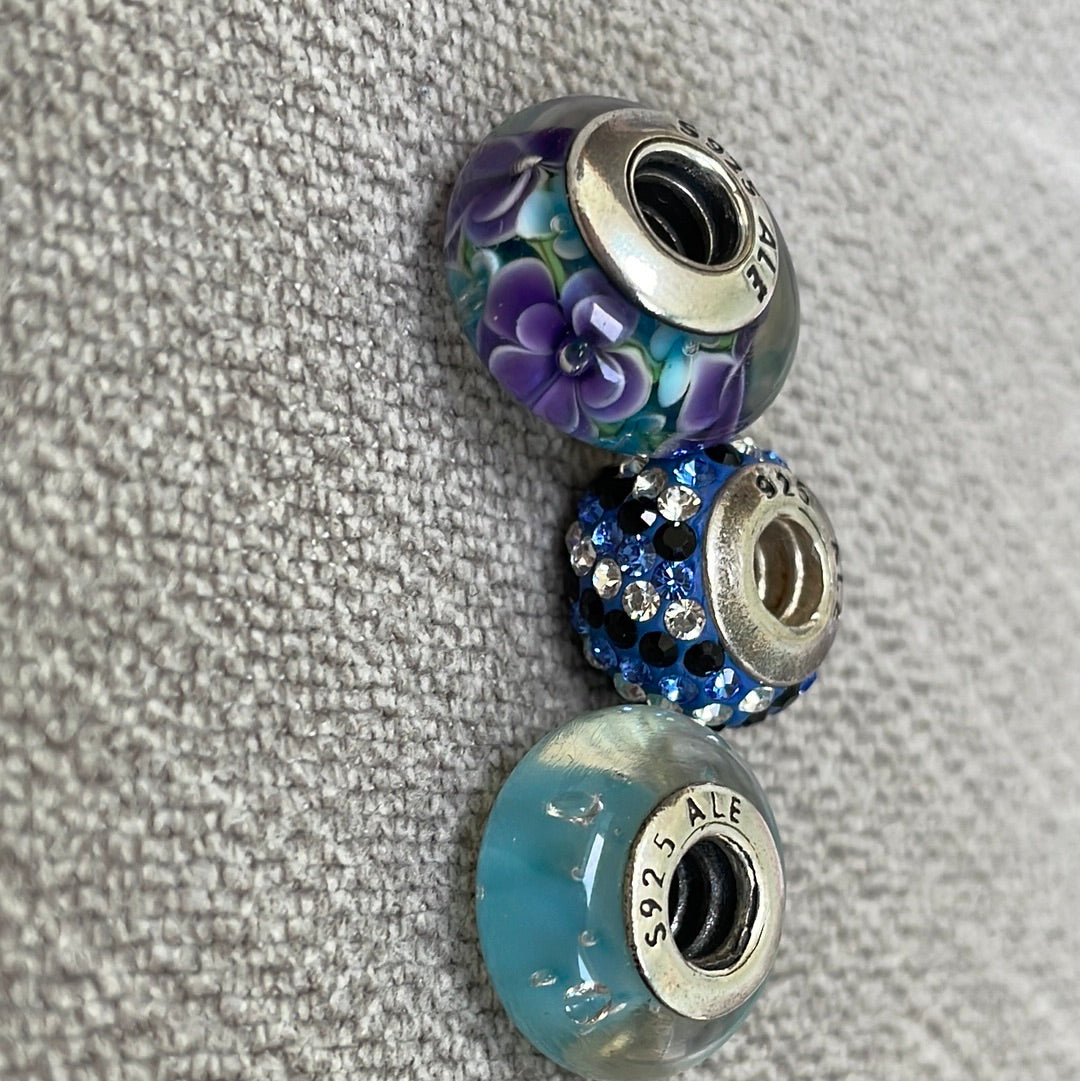 Bundle of Sterling Silver Blue Pave Purple Flower Charms x3 Will fit moments