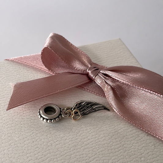 Genuine Pandora Spiritual Wing Angel Two Tone Heart Feather Dangle Charm