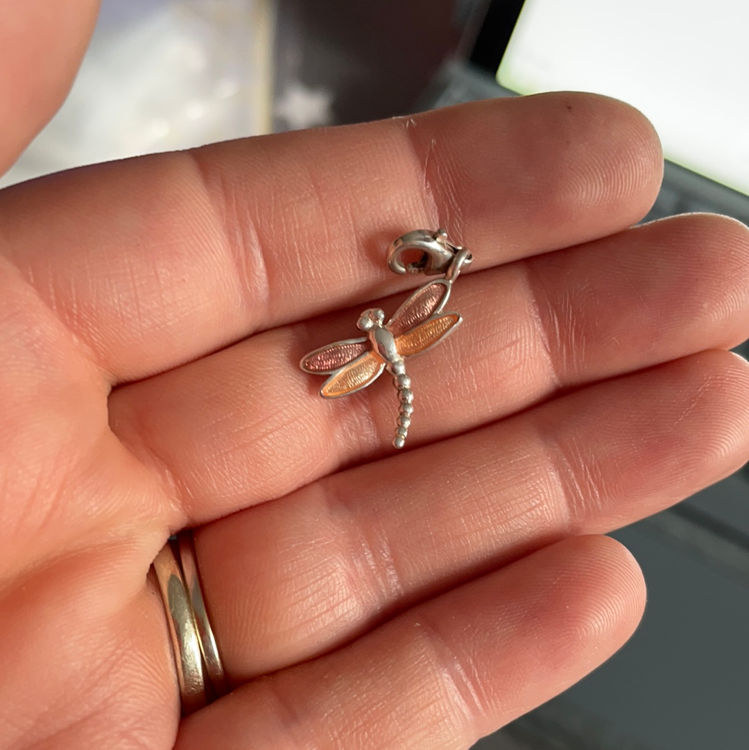 Thomas Sabo Sterling Silver Enamel Dragonfly Clip Dangle With Golden and Pink Wings HTF
