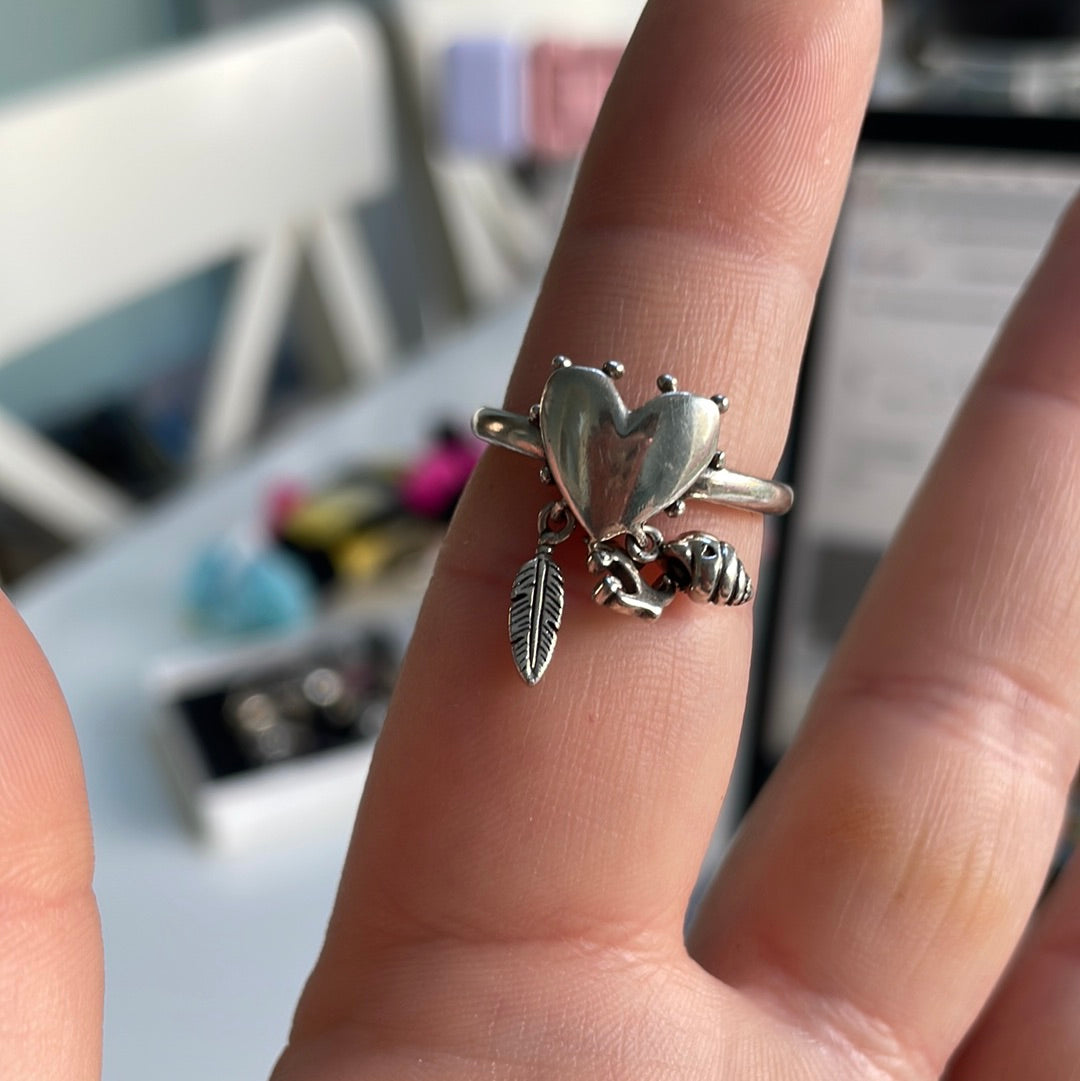 Genuine Pandora Heart Dangle Ring Anchor, feather and shell 56
