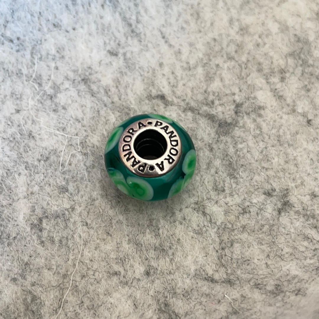 Genuine Pandora Green and Light Pale Green Flowers Murano Glass Charm