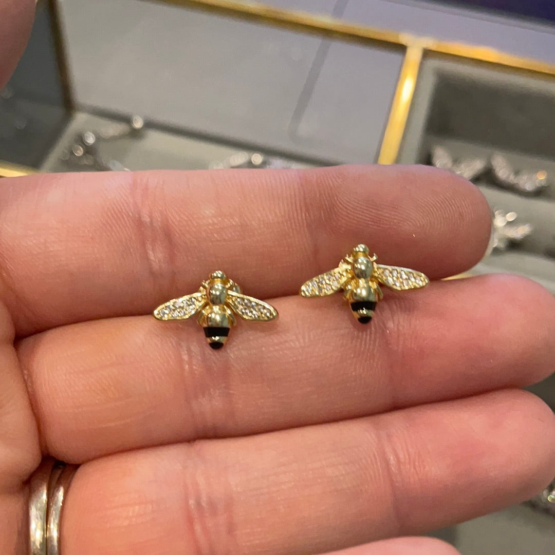 Brand New Sterling Silver Gold Plated Pave Bee Earrings Beautiful CHOICE OF TWO