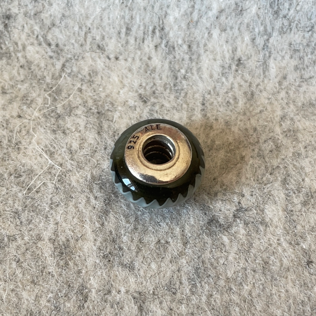 Genuine Pandora Dark Green Murano Glass Charm with White Zigzag Lines