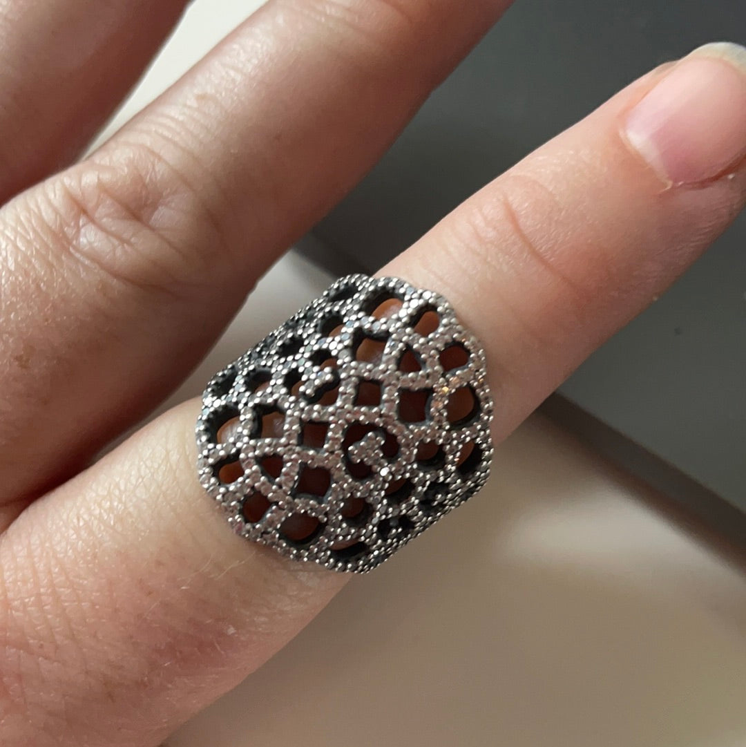 Genuine Pandora Sparkling Open Lace Ring Statement Piece Size 56