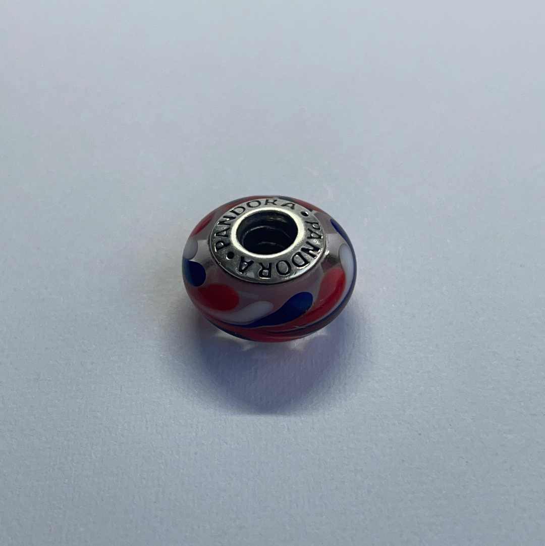 Genuine Pandora Red, Blue, White Swirl Paint UK GB Travel Murano Glass Charm