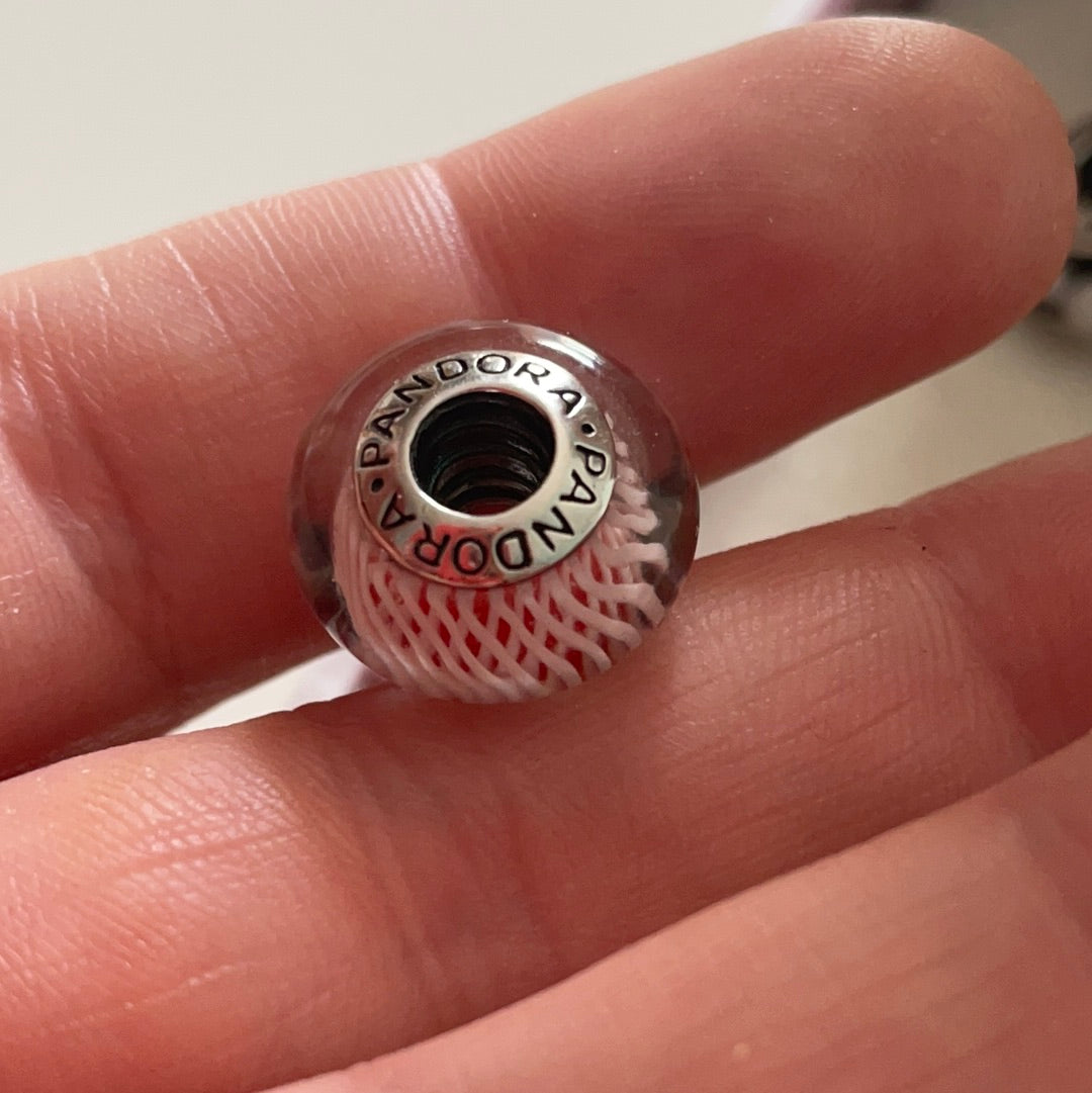 Genuine Pandora Red Sparkle Background With White String Criss Cross Stripe Murano Glass Charm
