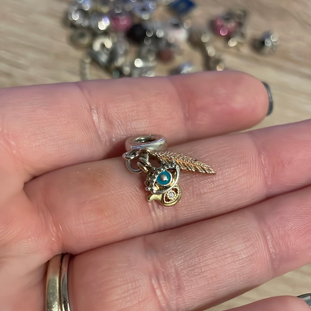 Genuine Pandora Lucky Charm Tri Tone Dangle Eye, Feather, Hamsa Hand