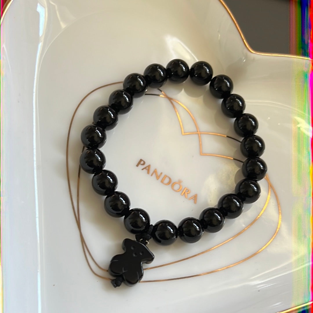 Genuine TOUS Onyx Beaded Bracelet with Black Bear Dangle Medium