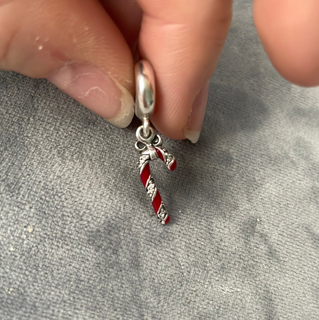 Genuine Pandora Pave Candy Cane Dangle Charm Red and Silver