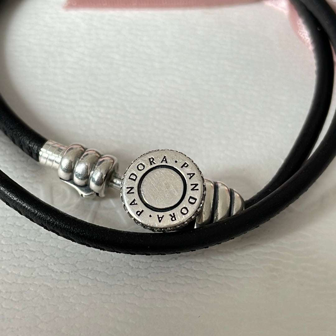 Genuine Pandora Black Double Wrap Leather Bracelet New Style Pave Hook and Loop Style