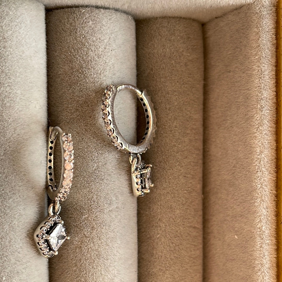 Unbranded Sterling Silver Pave Hoop Earrings With Diamond Shaped CZ Dangles