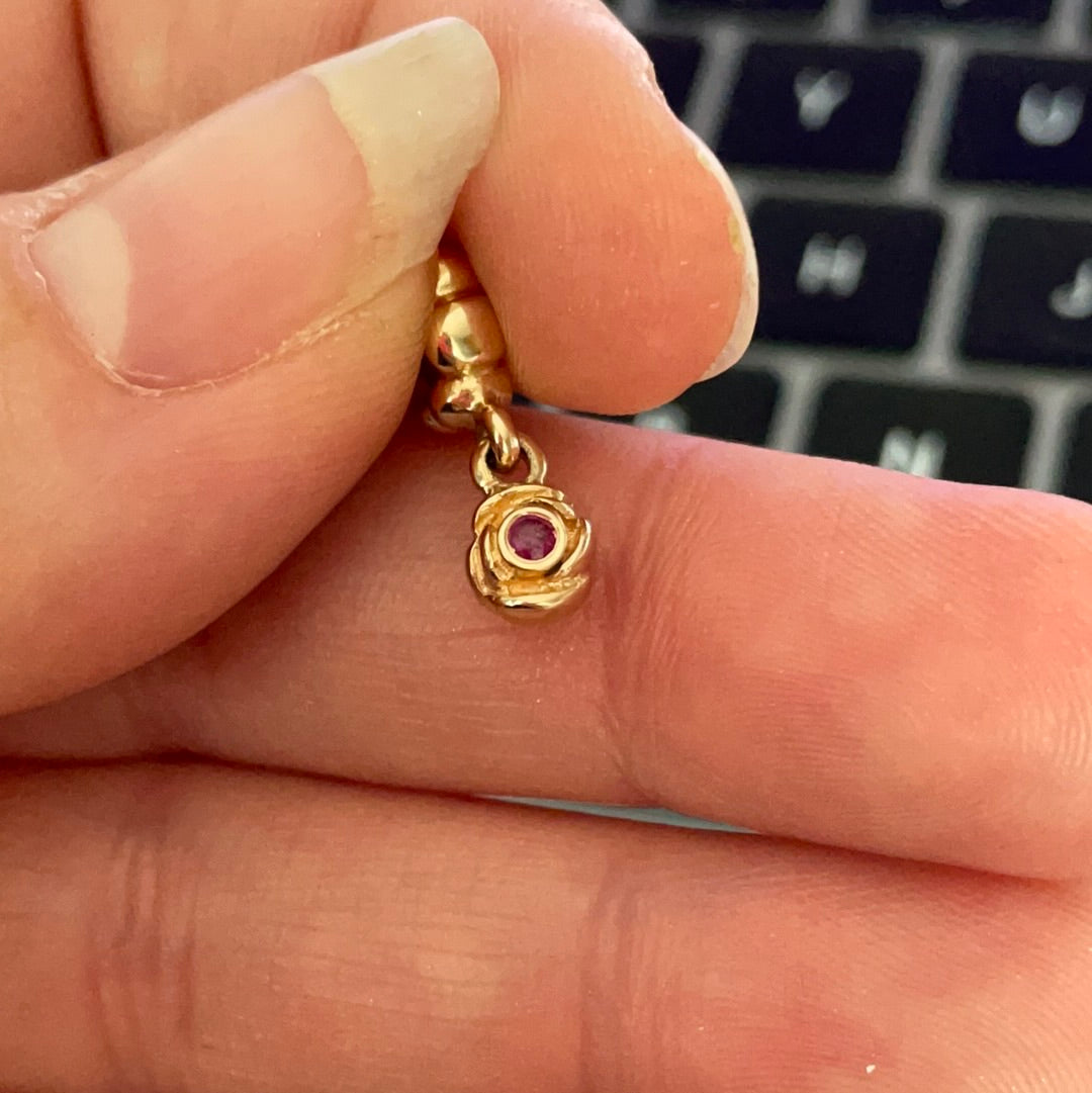 Genuine Pandora Solid 14ct Gold Ruby Rose Bud Dangle SUPER RARE HTF