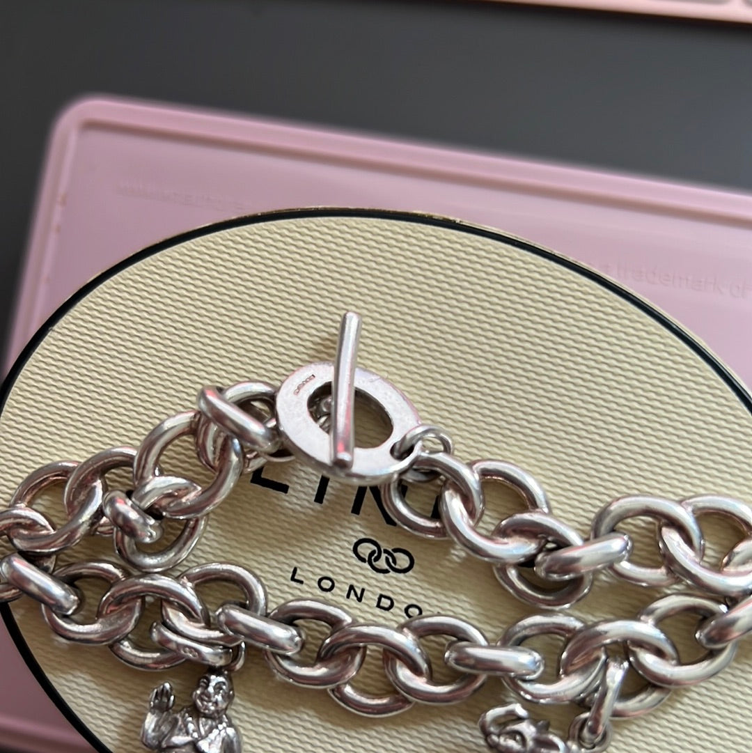 Genuine Links of London Sterling Silver Signature Three Ring Edition T-Bar Charm Bracelet 2 Charms Elephant and Buddha 20cm
