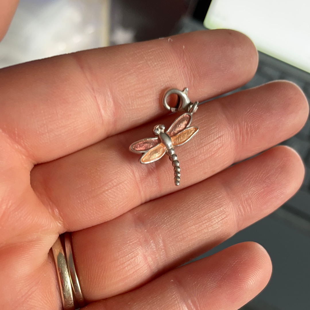 Thomas Sabo Sterling Silver Enamel Dragonfly Clip Dangle With Golden and Pink Wings HTF