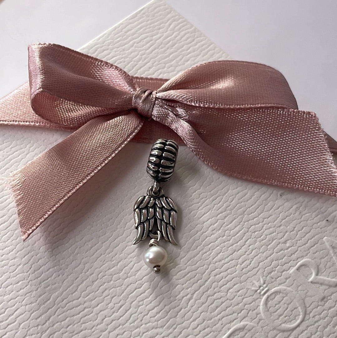 Genuine Pandora Angel Wing Charm Feathers Pearl Dangle