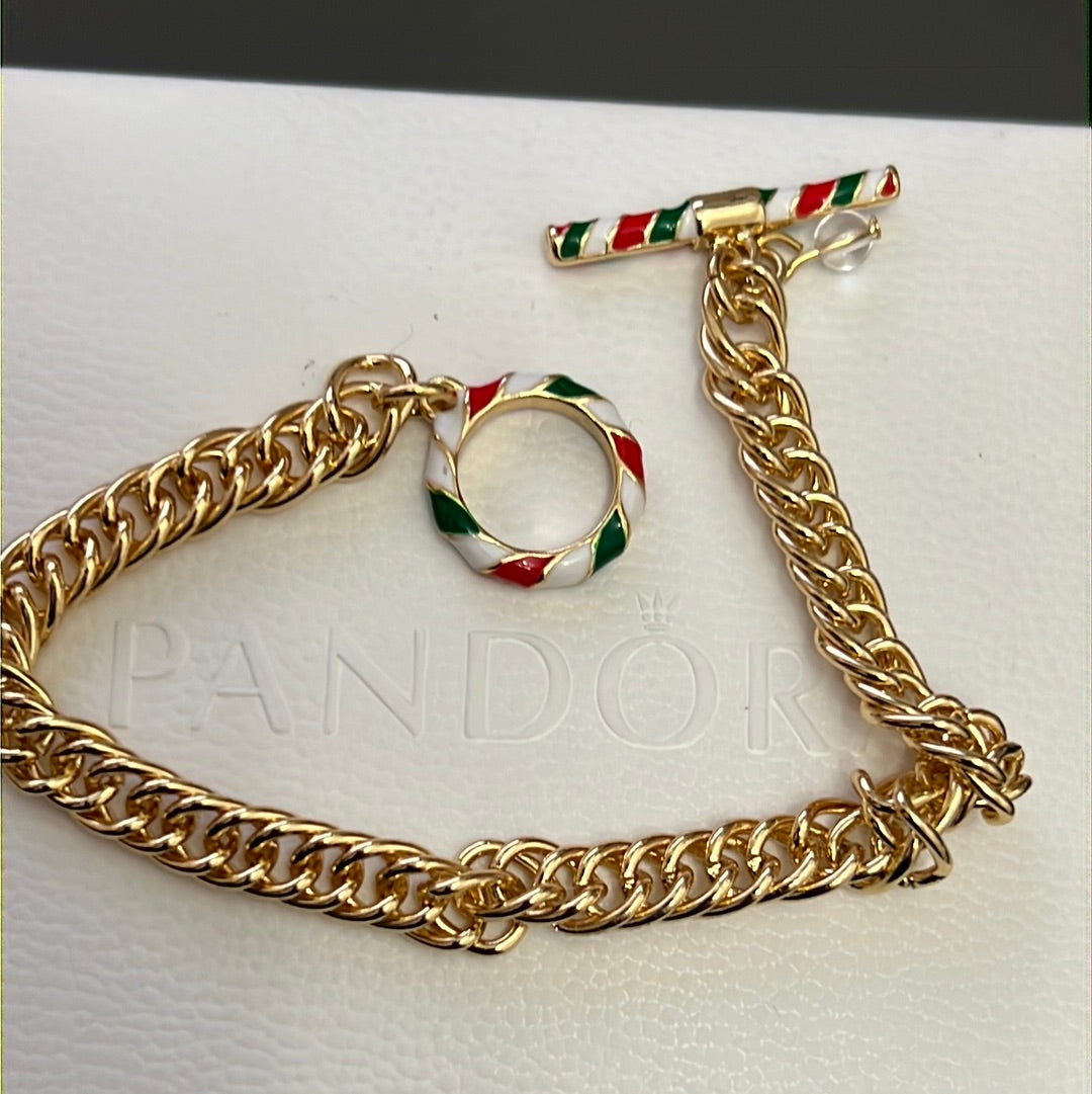 Sterling Silver Gold Plated Bracelet 19cm Enamel T Clasp Candy Cane