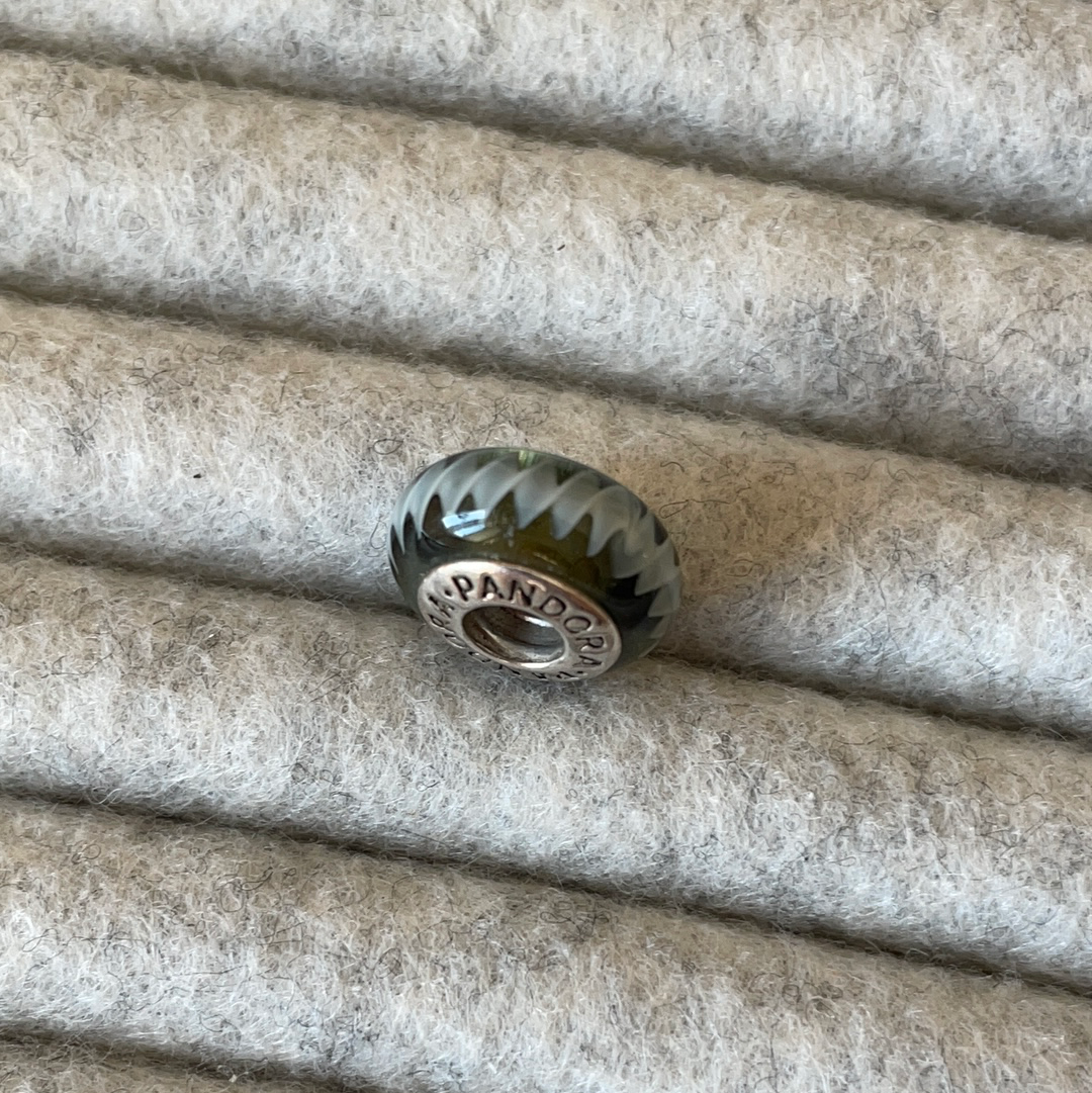 Genuine Pandora Dark Green Murano Glass Charm with White Zigzag Lines