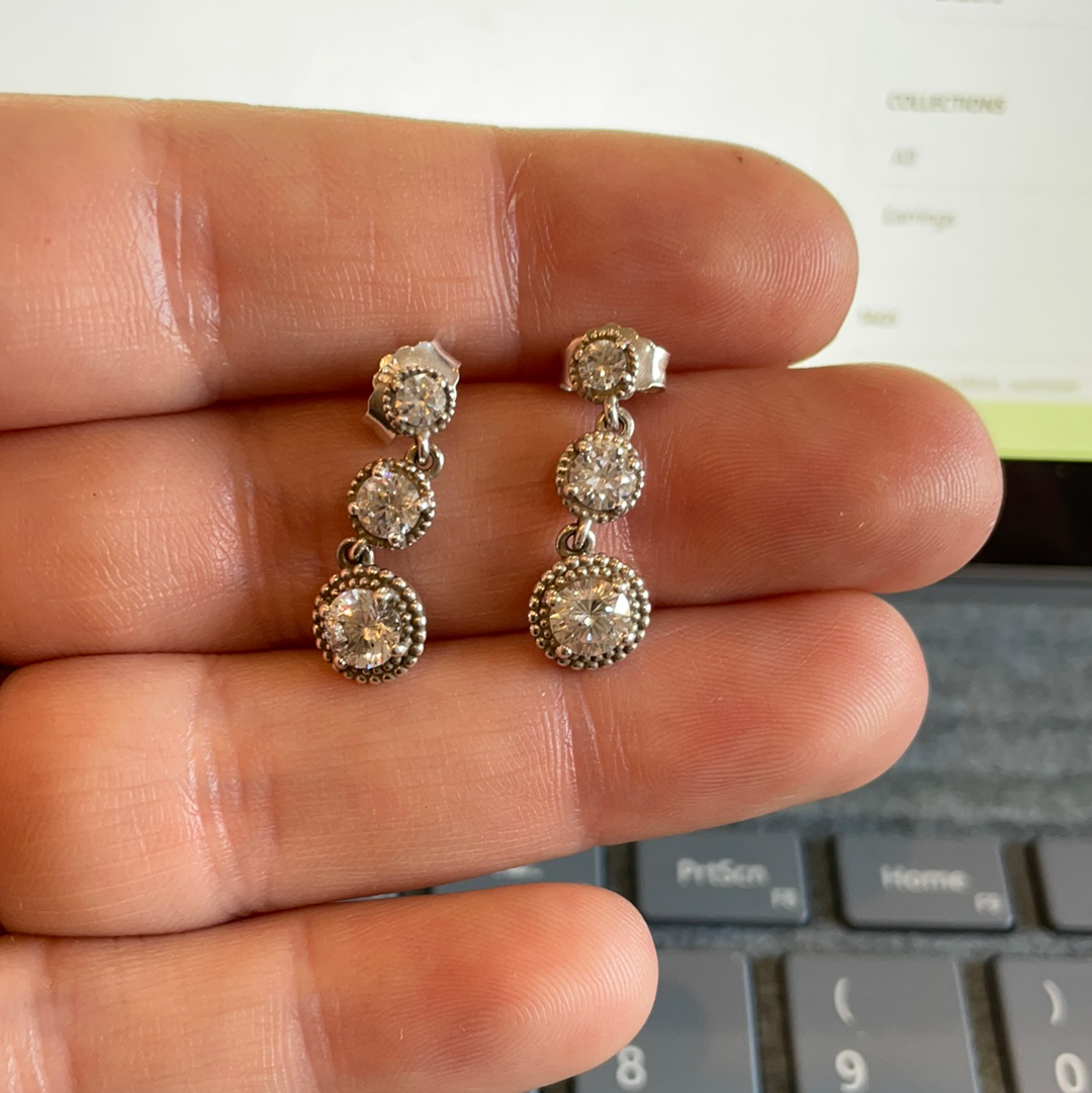 Genuine Pandora Vintage Elegance Pave Three CZ Dangle Earrings STUNNING