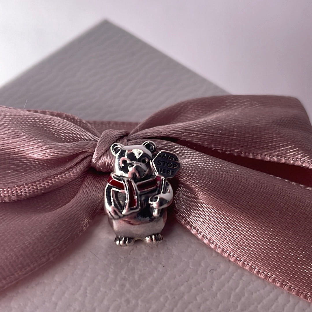 Genuine Pandora Christmas Bear Santa Stop Here Sign Charm