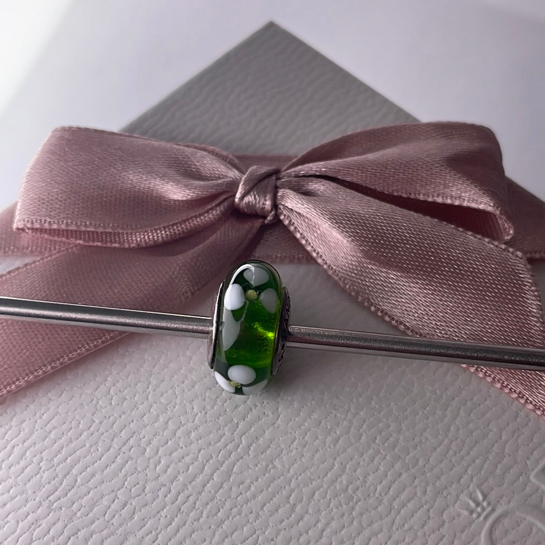 Genuine Pandora Green Murano Glass Charm with White and Yellow Flowers