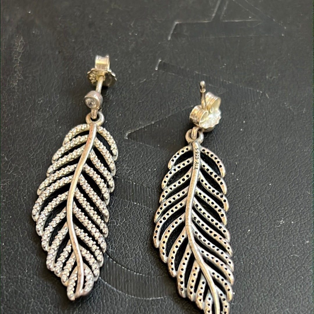 Genuine Pandora Pave Dazzling Dangling Feather leaf Earrings Studs