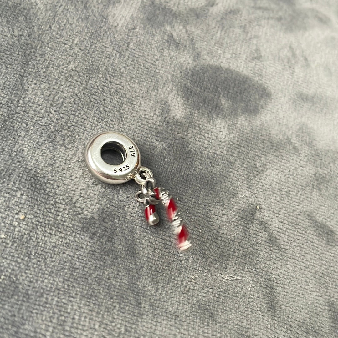 Genuine Pandora Pave Candy Cane Dangle Charm Red and Silver