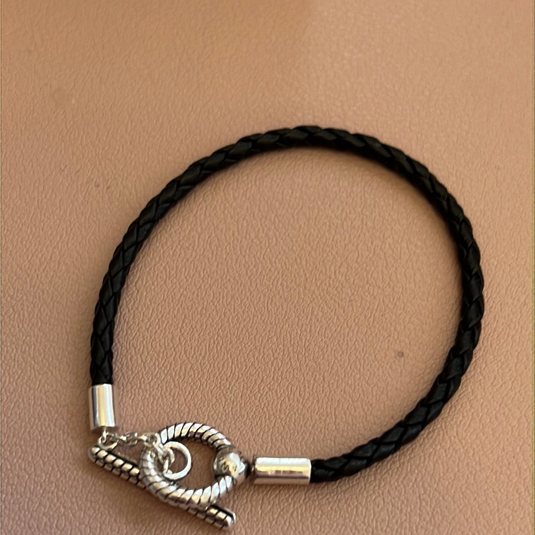 Genuine Pandora Black Leather T-Bar Charm Bracelet 19cm