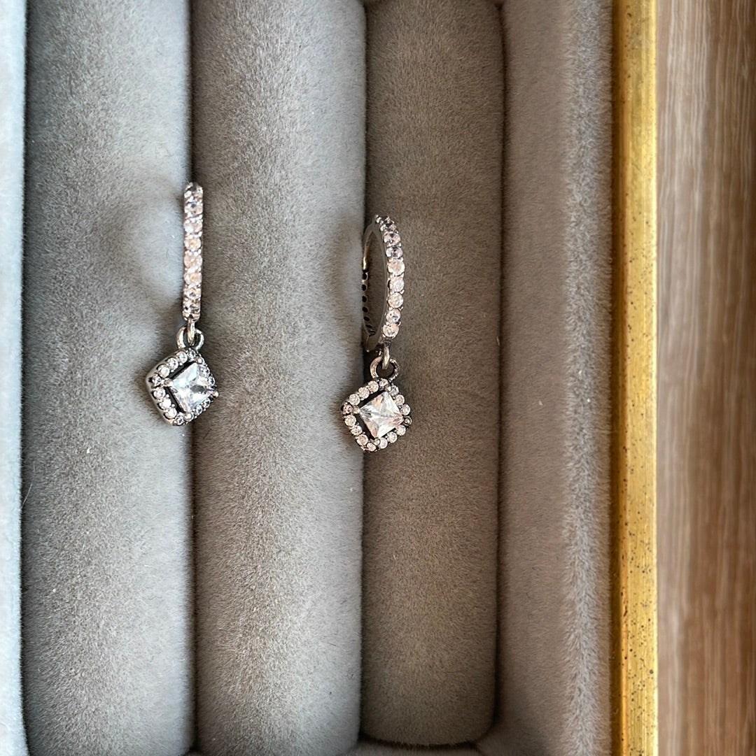 Unbranded Sterling Silver Pave Hoop Earrings With Diamond Shaped CZ Dangles